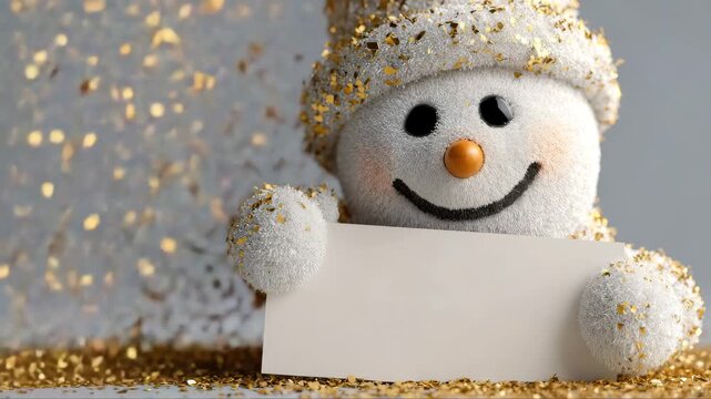 Cheerful snowman holding a blank sign, surrounded by shimmering gold confetti, as the camera zooms in to capture the festive atmosphere and joyful expression