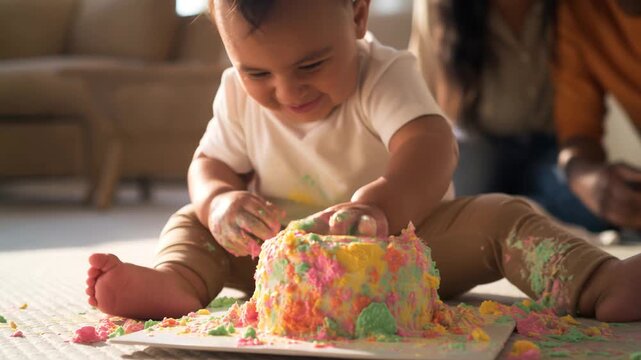 Baby smashing colorful cake on living room floor as smiling parents watch, messy hands and laughter, playful family moment at home, candid lifestyle in warm natural light                              
