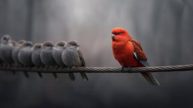 One Vibrant Iiwi Stands out Among Gray Birds Perched on a Wire in Nature