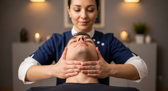 Relaxing chin massage for handsome man at luxurious spa promoting wellness and self care, perfect for beauty product ads and lifestyle marketing