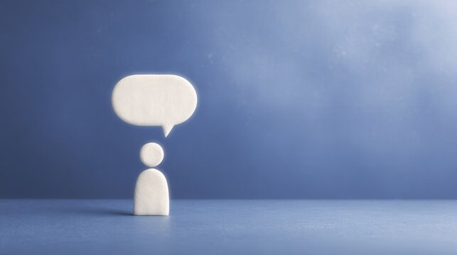 Figure Stands With Speech Bubble Over Head on Blue Background Suggesting Communication and Ideas Are Welcome Here