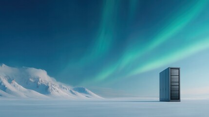 Server Standing in a Desolate, Frozen, Snowy Landscape With the Aurora Borealis Illuminating the Night Sky