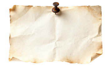Crumpled vintage paper texture with a rusty thumbtack, isolated on transparent background for design
