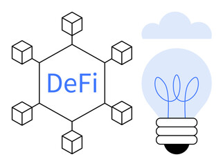 Hexagonal blockchain structure with DeFi text surrounded by nodes paired with a minimalistic glowing light bulb. Ideal for blockchain, decentralization, innovation, cryptocurrency, technology