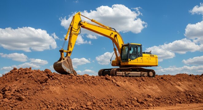 Vibrant yellow hydraulic excavator on a red earth mound under a bright blue sky, symbolizing construction and earthmoving progress