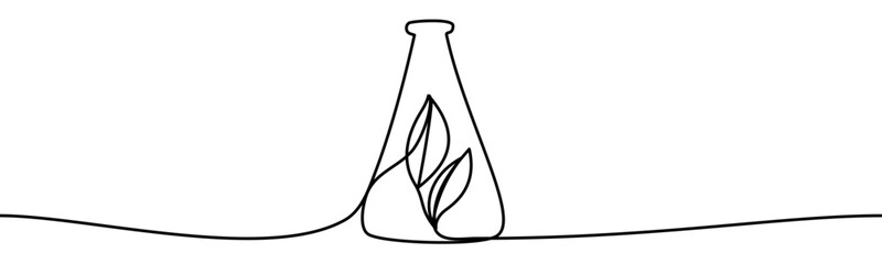 Chemical Flask with Plant Leaves, minimalist ecological and environmental concept symbol, continuous line design, isolated on transparent background, vector illustration