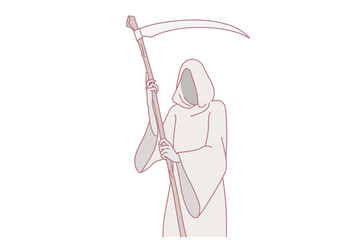 Grim reaper with scythe wearing robe representing death. Mythology concept. Flat vector illustration.