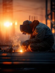 Man Welding Metal Beams at Construction Site Creates Bright Sparks During the Daytime