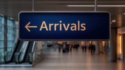 Arriving at the Airport Terminal With an Arrivals Sign Pointing Left, People Walking, and Escalator Visible