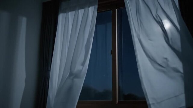 Serene Moonlight Through Sheer Curtains with Gentle Night Breeze and Crickets&rsquo; Song