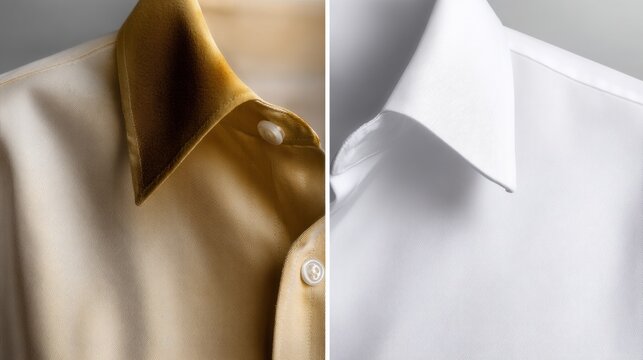 Elegant close-up of two contrasting shirt collars, one in luxurious gold satin and the other in crisp white fabric, showcasing texture and detail in a stylish fashion presentation