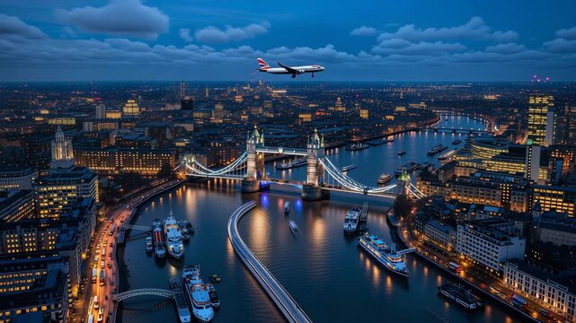 skyline Motion of  tower bridge illuminated at dusk, a majestic landmark spanning the river thames in the heart of london
