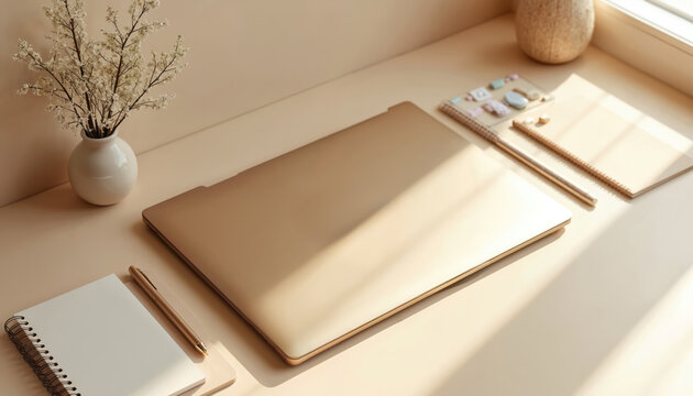 Minimalist home office desk with laptop and supplies. Beige workspace with notebook, pen, and vase of white flowers. Workplace flat lay in morning sunlight for study, work or blogging.