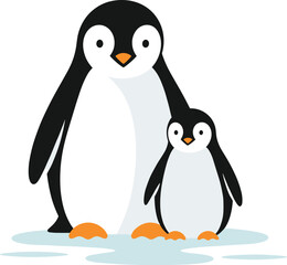 Cartoon penguin parent and chick illustration on ice, black and white feathers, orange beaks, Arctic wildlife, nurturing bond