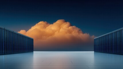 Server Racks Standing in Open Space With Large Fluffy Cloud in Background During the Evening