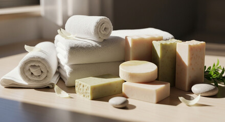 Indulge in luxurious spa serenity with stacked fluffy white towels, artisanal soaps, smooth pebbles, and delicate petals bathed in warm natural light.