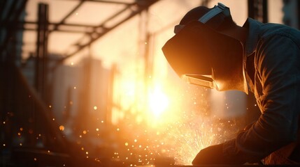 Metal Worker Wearing Protective Gear Performing Welding in Factory During the Day Creating Bright Orange and Yellow Sparks