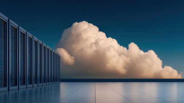 Data Center Servers Stand Against a Dark Blue Sky, Contrasting With a Large White Cloud - Powered by Adobe
