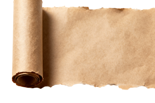 Unrolled brown paper texture with torn edges, isolated on transparent black background for design