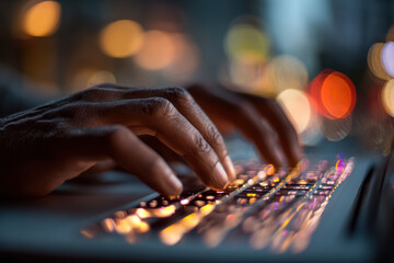 Close up of hands typing on a glowing laptop keyboard. Illuminated keys and colorful bokeh create an abstract background, symbolizing digital connection and modern technology work.