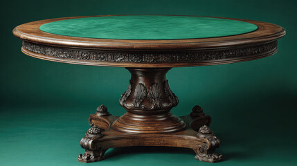 An elegant antique round wooden Poker game table Casino featuring intricate carvings and a vibrant green felt top, perfect for cards or luxurious interiors.