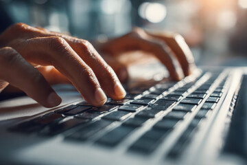 Close-up of human hands typing on a laptop keyboard. Fingers are actively pressing keys, engaged in digital work and online communication. Technology concept.