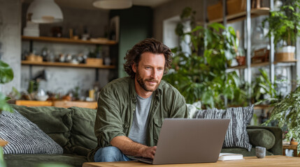 A focused man works on his laptop, sitting comfortably on a green sofa in a cozy home living room filled with lush houseplants.