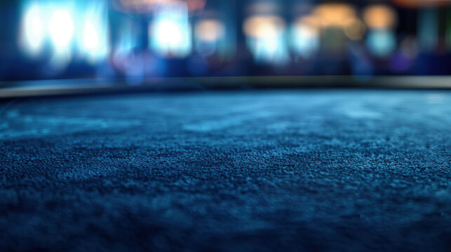 Poker and casino table close-up side view with blue felt. Copy space.