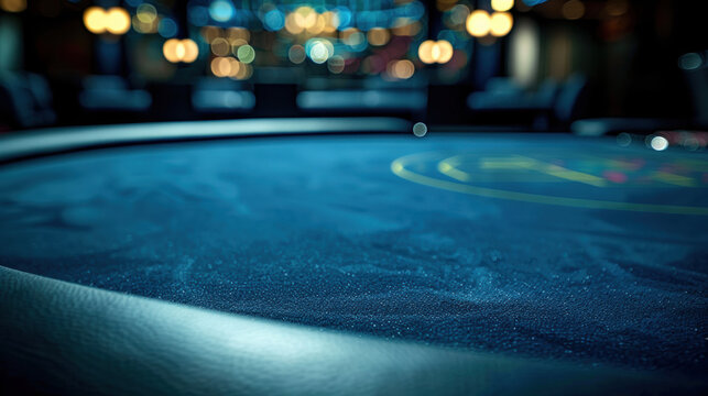 Close-up of an empty blue casino gaming table. Vibrant bokeh lights blur the background, showcasing deep felt texture, creating an elegant gambling atmosphere. - Powered by Adobe