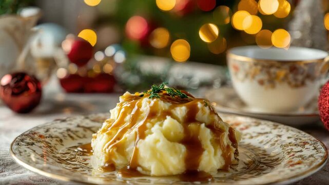 Creamy mashed potatoes topped with rich gravy, elegantly presented on a decorative plate, as the camera smoothly zooms in to highlight the dish's texture and festive ambiance