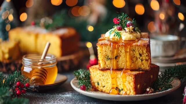Deliciously stacked cornbread slices topped with creamy butter and honey drizzle, surrounded by festive decorations, camera pans to capture the inviting scene
