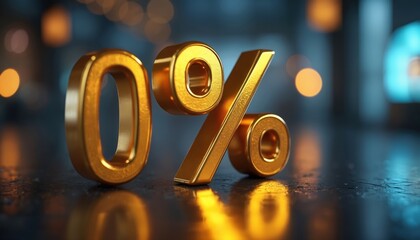Golden zero percent symbol stands out on a blurred surface. Reflection shows financial concept. This image shows banking industry with economy and no interest rate for a mortgage deal. Low rates.