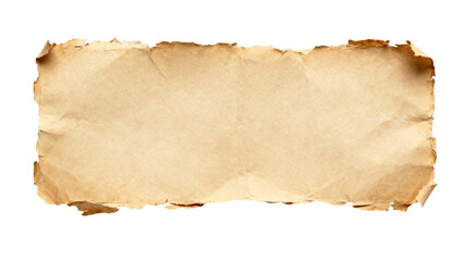 Old vintage crumpled paper texture with distressed torn edges isolated on transparent background for design.