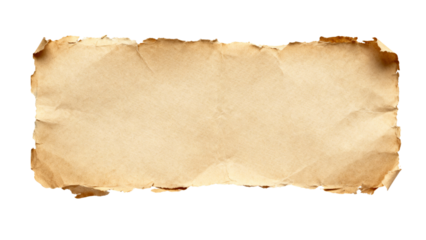 Old vintage crumpled paper texture with distressed torn edges isolated on transparent background for design.
