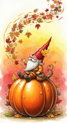 Watercolor drawing of gnome sitting on orange pumpkin with falling leaf, representing autumn, harvest season, whimsical art and festive spirit