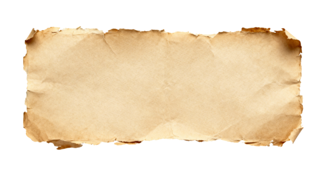 Old vintage crumpled paper texture with distressed torn edges isolated on transparent background for design.