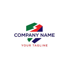 A modern company logo template featuring a colorful hexagon split by a white lightning bolt, with placeholder text for name and tagline.