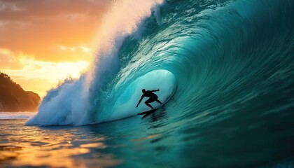 Surfer rides massive ocean wave at sunset. Man on surfboard in sea water barrel. Silhouette of athlete surfing on big swell with spray. Water sports and adventure activity.