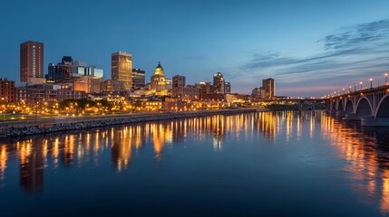 Naklejka premium Saint Paul Minnesota skyline at dusk along the Mississippi River City lights reflecting on water