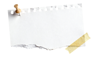 Torn notebook paper with thumbtack and aged tape, isolated on transparent background, copy space for design.