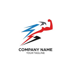 Dynamic logo featuring a flexing bicep and lightning bolts, symbolizing strength, speed, and power for a company brand.