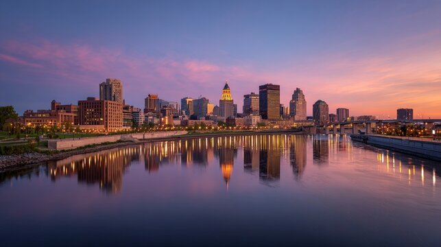 Saint Paul Minnesota skyline at dusk along the Mississippi River City lights reflecting on water - Powered by Adobe