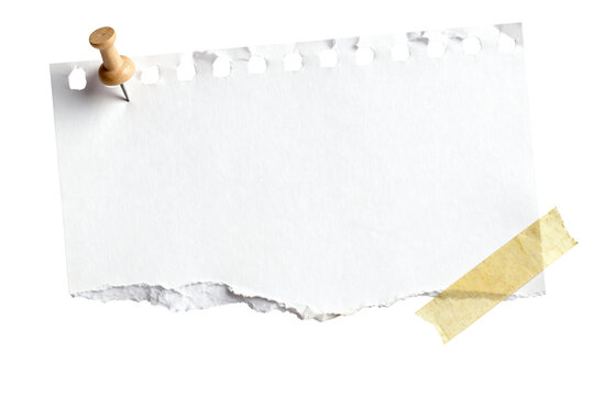 Torn notebook paper with thumbtack and aged tape, isolated on transparent background, copy space for design.