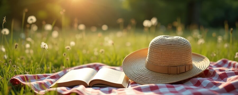 An open book rests on plaid blanket beside sunhat on green grass outdoors. Scene evokes relaxation study and leisure. Sunny day. Concept of summer education rest. - Powered by Adobe