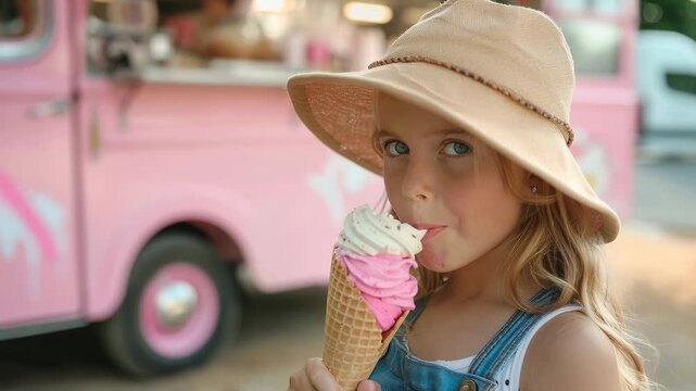 Cute young girl wearing a sun hat happily enjoying a tasty ice cream cone on a sunny summer day, with a pink food truck in the background
