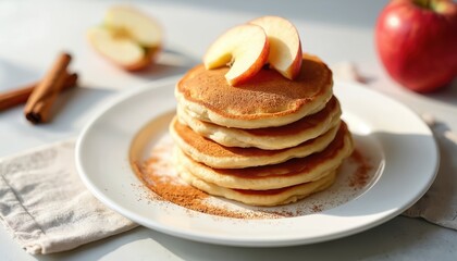 Stack of fresh pancakes with apple slices on white plate. Cinnamon adds aroma. Homemade breakfast idea. Food photo for menu design. Sweet dessert for cafe or restaurant. Cozy autumn mood.