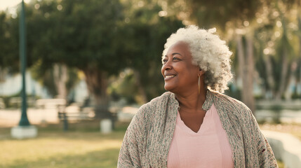 older black woman walking in park, smiling and looking around her with trees behind her. white hair. Afternoon shot with natural lighting, grass near paths where people walk or sit at benches, enjoyin