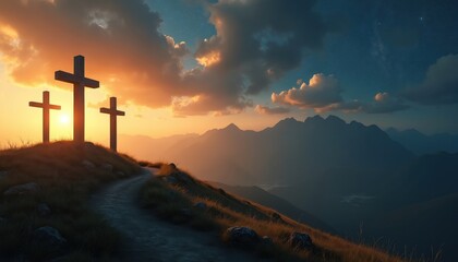 Three wooden crosses stand on a grassy hilltop against a sunset sky. Mountains recede into the distance. A path leads towards the crosses. This scene symbolizes faith, sacrifice, and hope.