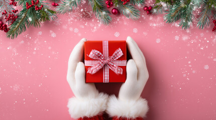 christmas background with christmas tree, Santa's hands with gift box present