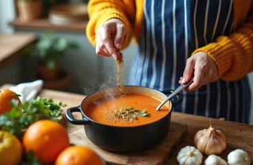 Woman seasons hot soup in pot with herbs and spices. Cooking healthy meal in kitchen at home. Adding ingredients to tasty vegetable dish. Fresh food preparation.
